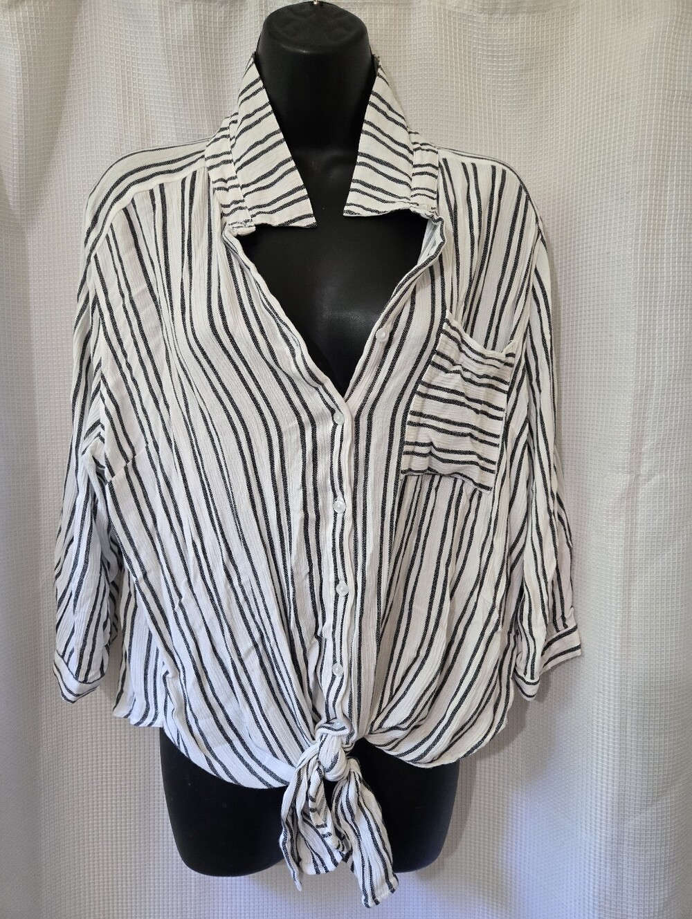 Striped Tie-Front Button-Down Shirt in Black and White
